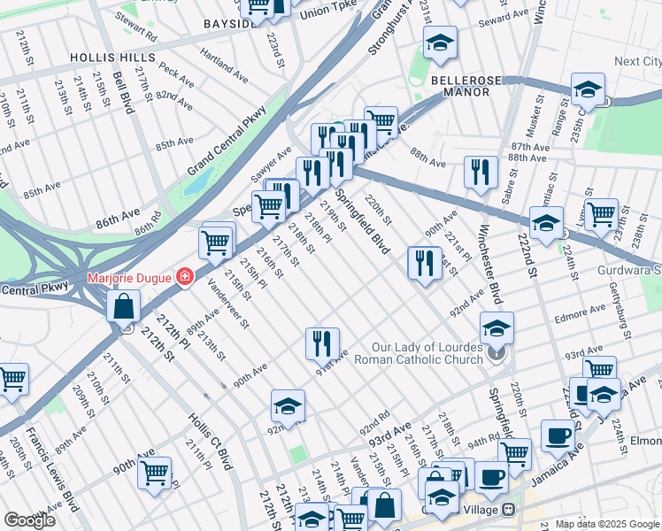 map of restaurants, bars, coffee shops, grocery stores, and more near 89-57 218th Street in Queens