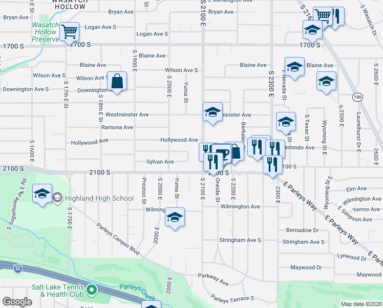 map of restaurants, bars, coffee shops, grocery stores, and more near 2033 Sylvan Avenue in Salt Lake City