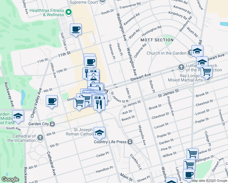 map of restaurants, bars, coffee shops, grocery stores, and more near 370 Stewart Avenue in Garden City