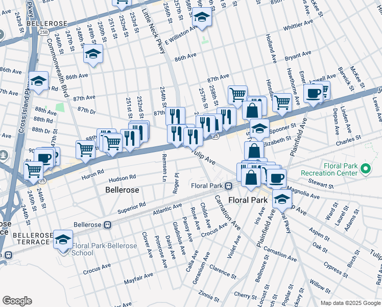 map of restaurants, bars, coffee shops, grocery stores, and more near 15 Florence Street in Floral Park