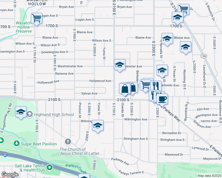 map of restaurants, bars, coffee shops, grocery stores, and more near 2000 South 21st East in Salt Lake City