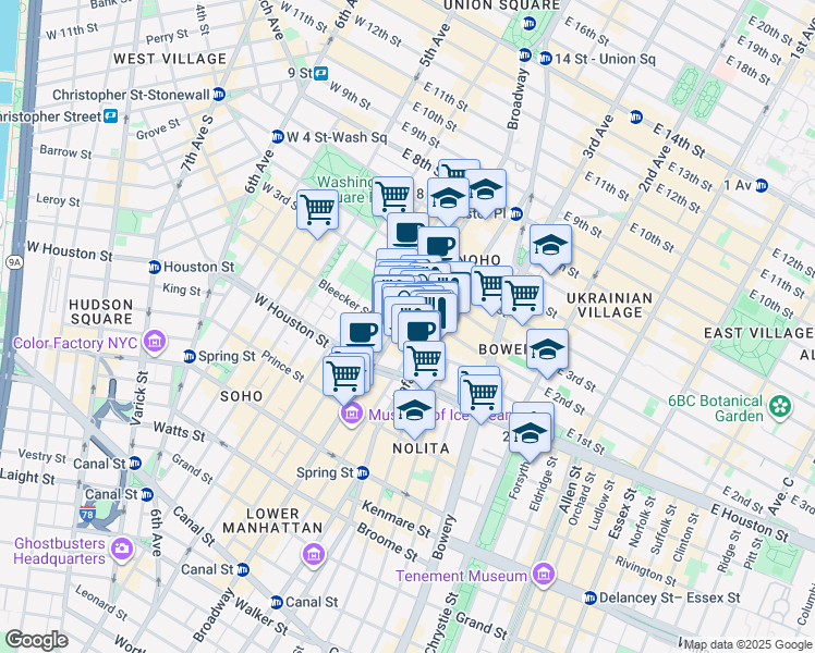 map of restaurants, bars, coffee shops, grocery stores, and more near 653 Broadway in New York