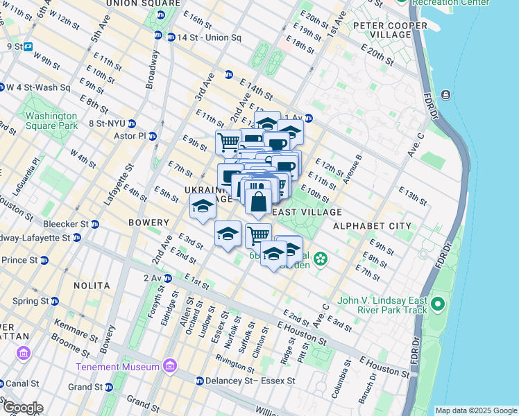 map of restaurants, bars, coffee shops, grocery stores, and more near 113 East 7th Street in New York