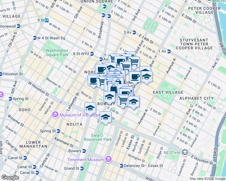 map of restaurants, bars, coffee shops, grocery stores, and more near 81 2nd Avenue in New York
