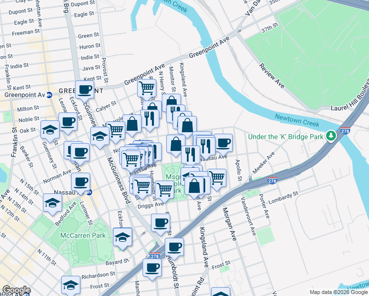 map of restaurants, bars, coffee shops, grocery stores, and more near 202 Monitor Street in Brooklyn