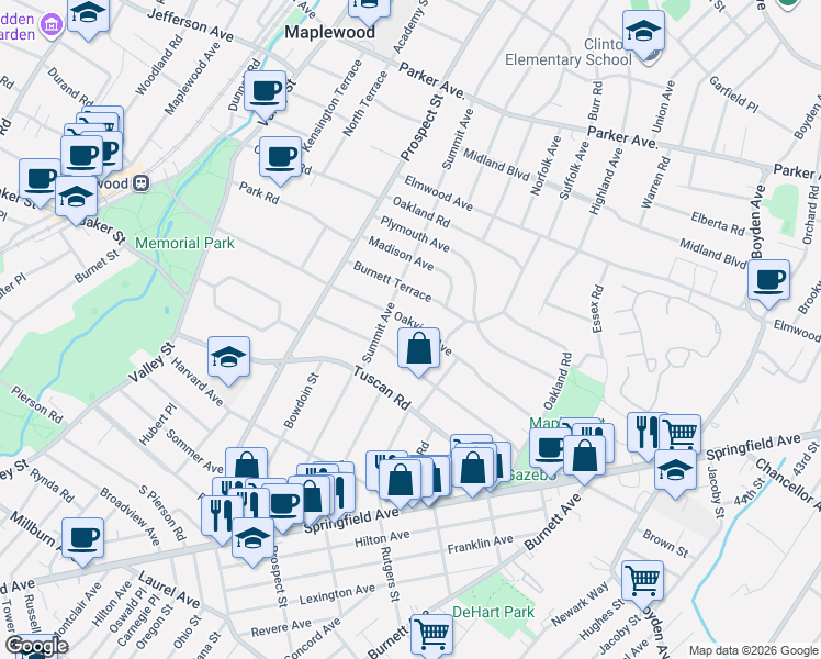 map of restaurants, bars, coffee shops, grocery stores, and more near 92 Oakview Avenue in Maplewood