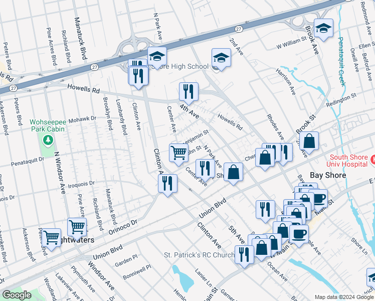 map of restaurants, bars, coffee shops, grocery stores, and more near 17 John Street in Bay Shore
