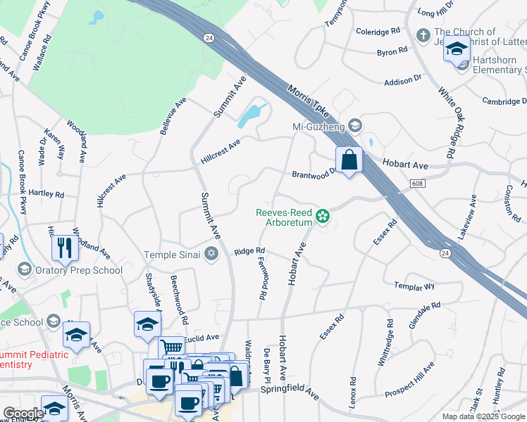 map of restaurants, bars, coffee shops, grocery stores, and more near 60 Fernwood Road in Summit