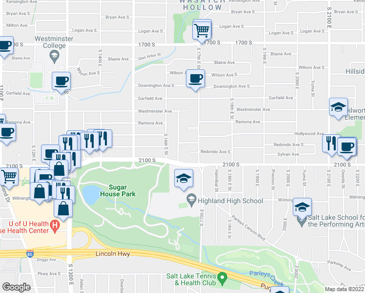 map of restaurants, bars, coffee shops, grocery stores, and more near 1669 Phebe Lane in Salt Lake City