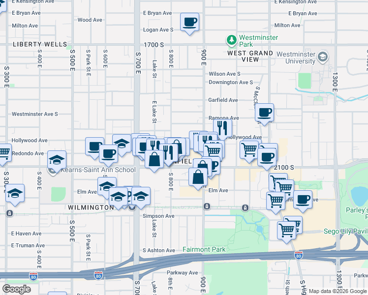 map of restaurants, bars, coffee shops, grocery stores, and more near 2004 East Windsor Street in Salt Lake City