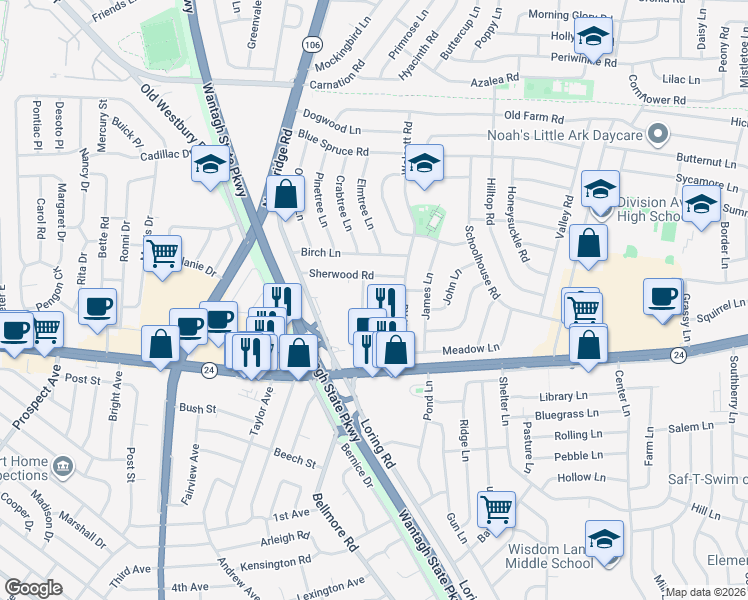 map of restaurants, bars, coffee shops, grocery stores, and more near 14 Loring Road in Levittown