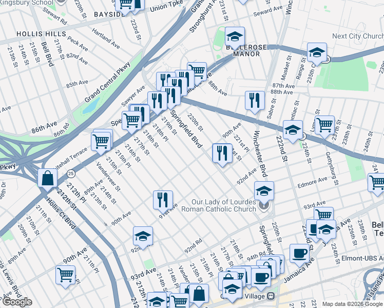 map of restaurants, bars, coffee shops, grocery stores, and more near 89-88 219th Street in Queens