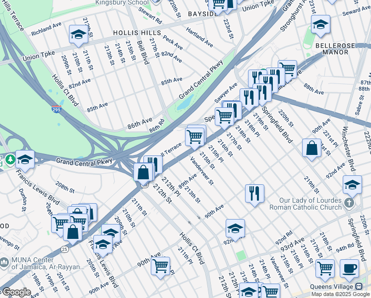 map of restaurants, bars, coffee shops, grocery stores, and more near 21436 Hillside Avenue in Queens