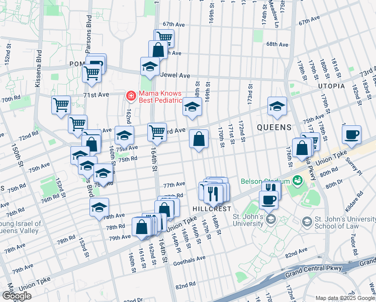 map of restaurants, bars, coffee shops, grocery stores, and more near 75-35 167th Street in Queens