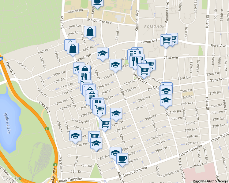 map of restaurants, bars, coffee shops, grocery stores, and more near 147-33 72nd Drive in Queens