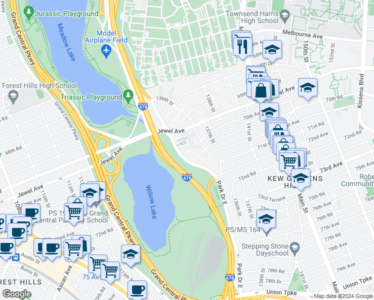 map of restaurants, bars, coffee shops, grocery stores, and more near 70-19 Park Drive East in Queens