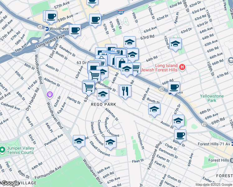 map of restaurants, bars, coffee shops, grocery stores, and more near 64-86 Wetherole Street in Queens