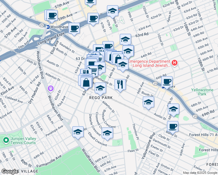 map of restaurants, bars, coffee shops, grocery stores, and more near 64-35 Austin Street in Queens