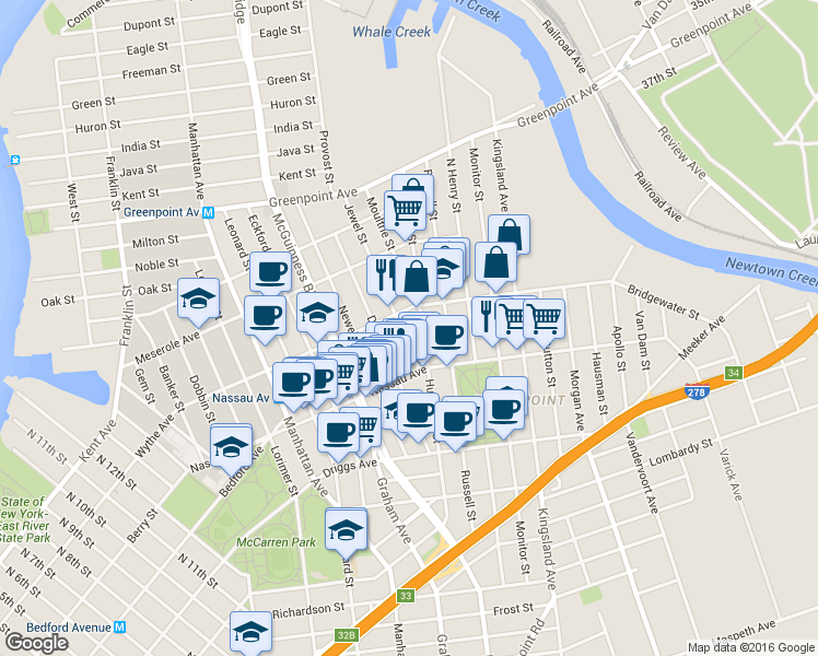 map of restaurants, bars, coffee shops, grocery stores, and more near 720 Humboldt Street in Brooklyn