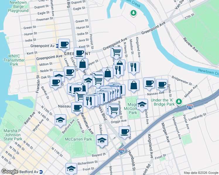 map of restaurants, bars, coffee shops, grocery stores, and more near 108A Diamond Street in Brooklyn