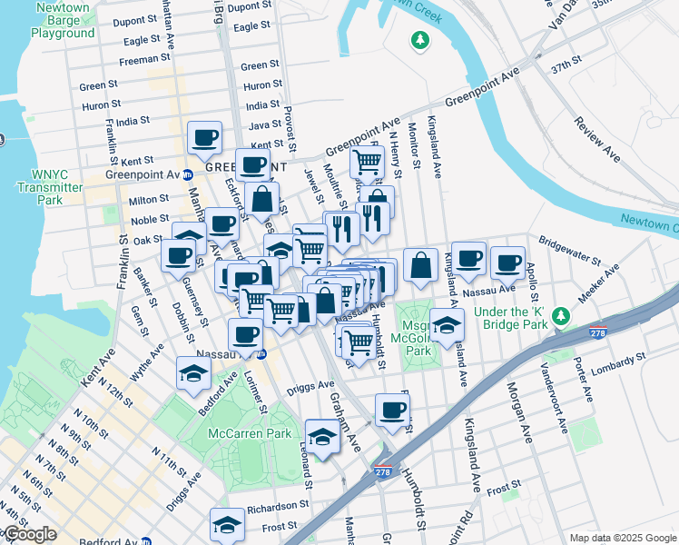 map of restaurants, bars, coffee shops, grocery stores, and more near 108A Diamond Street in Brooklyn