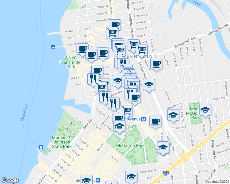 map of restaurants, bars, coffee shops, grocery stores, and more near 73 Meserole Avenue in Brooklyn