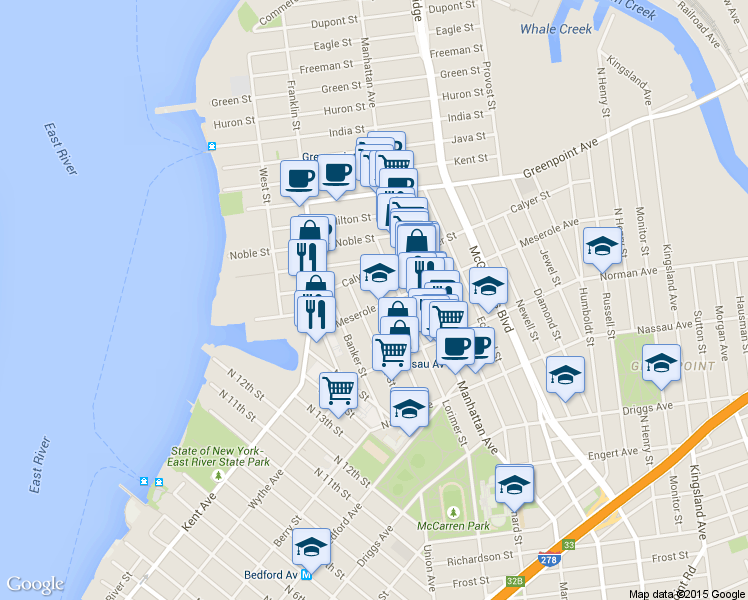 map of restaurants, bars, coffee shops, grocery stores, and more near 73 Meserole Avenue in Brooklyn