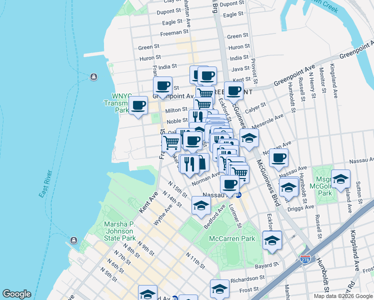map of restaurants, bars, coffee shops, grocery stores, and more near 73 Meserole Avenue in Brooklyn