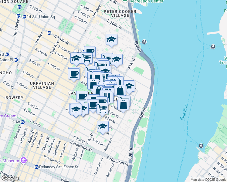 map of restaurants, bars, coffee shops, grocery stores, and more near 933 East 11th Street in New York