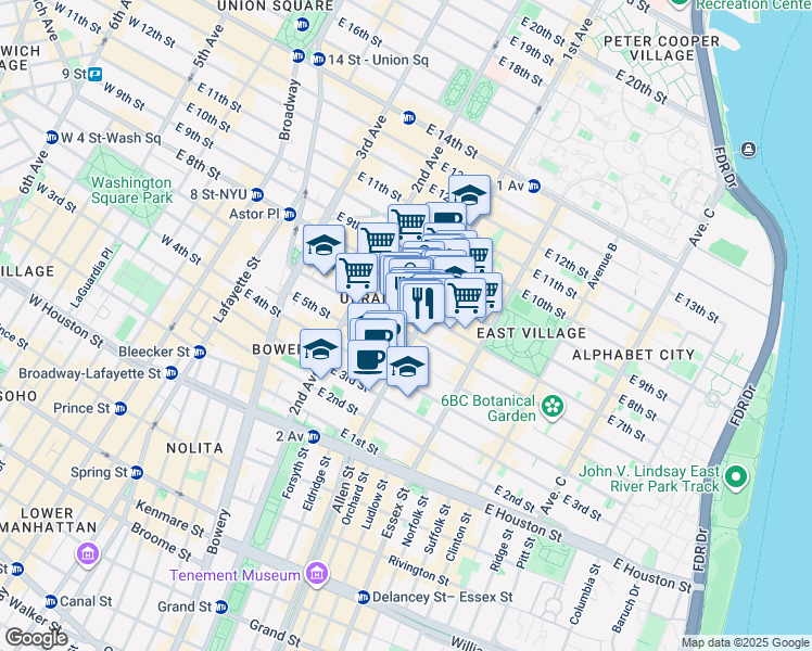 map of restaurants, bars, coffee shops, grocery stores, and more near 117 1st Avenue in New York