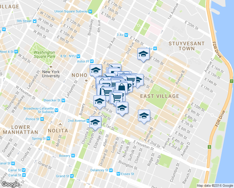 map of restaurants, bars, coffee shops, grocery stores, and more near 331 East 5th Street in New York