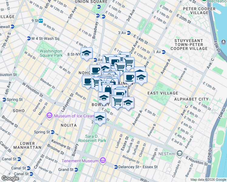 map of restaurants, bars, coffee shops, grocery stores, and more near 82 2nd Avenue in New York