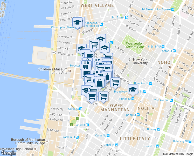map of restaurants, bars, coffee shops, grocery stores, and more near 14 Charlton Street in New York