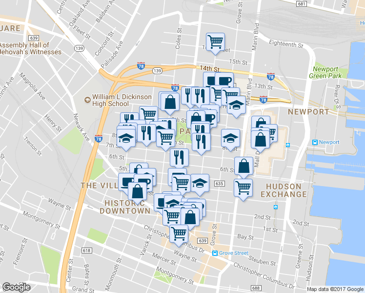 map of restaurants, bars, coffee shops, grocery stores, and more near 285 8th Street in Jersey City