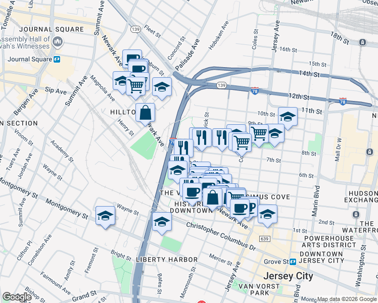 map of restaurants, bars, coffee shops, grocery stores, and more near 342 7th Street in Jersey City