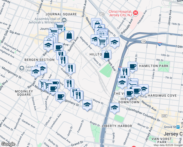 map of restaurants, bars, coffee shops, grocery stores, and more near 20 Trenton Street in Jersey City