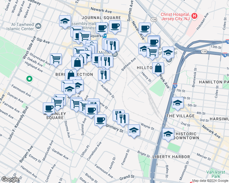 map of restaurants, bars, coffee shops, grocery stores, and more near 12 Front Street in Jersey City