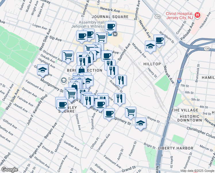 map of restaurants, bars, coffee shops, grocery stores, and more near 325 Summit Avenue in Jersey City