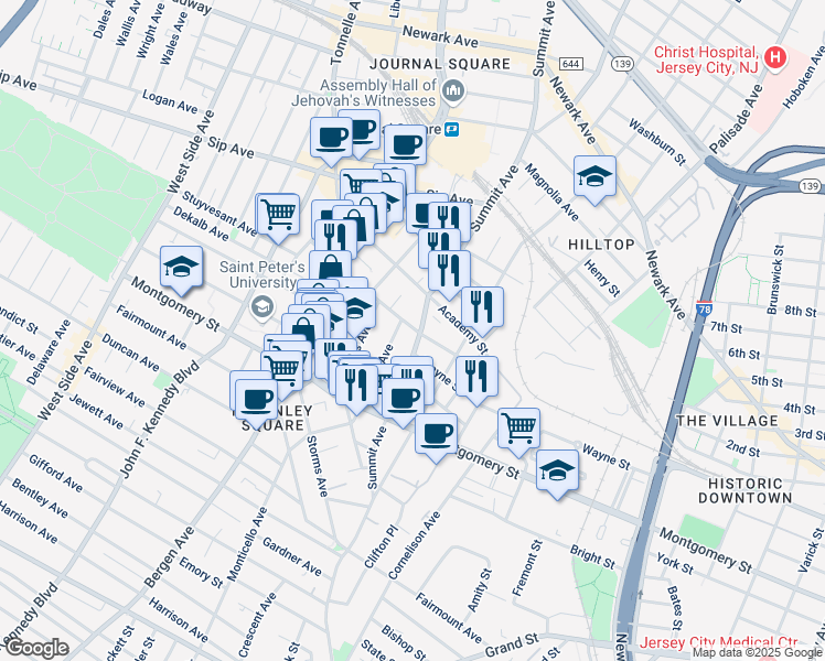 map of restaurants, bars, coffee shops, grocery stores, and more near 325 Summit Avenue in Jersey City