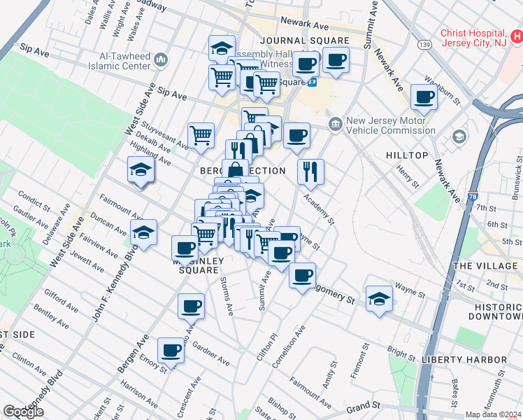 map of restaurants, bars, coffee shops, grocery stores, and more near 75 Jordan Avenue in Jersey City