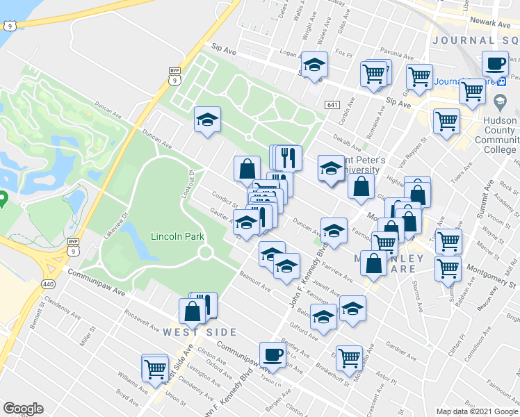 map of restaurants, bars, coffee shops, grocery stores, and more near 164 Delaware Avenue in Jersey City