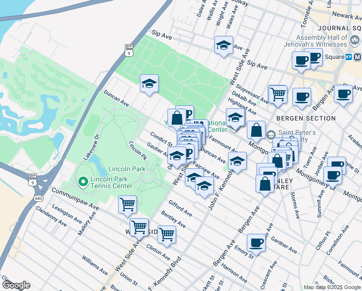 map of restaurants, bars, coffee shops, grocery stores, and more near 164 Delaware Avenue in Jersey City