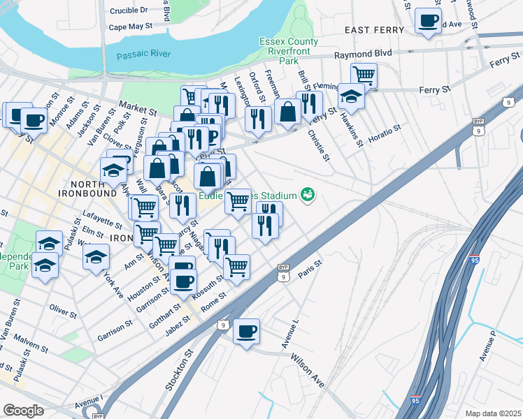 map of restaurants, bars, coffee shops, grocery stores, and more near 95 Saint Francis Street in Newark
