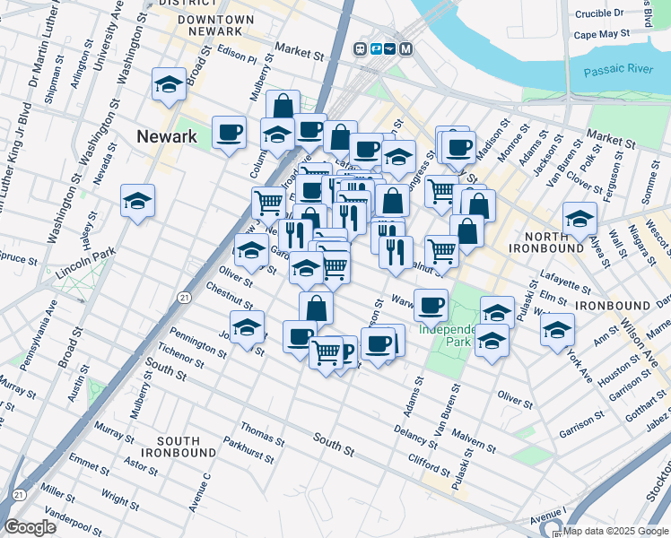 map of restaurants, bars, coffee shops, grocery stores, and more near 6 Warwick Street in Newark