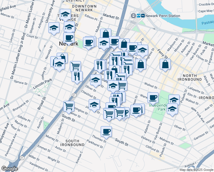 map of restaurants, bars, coffee shops, grocery stores, and more near 156 East Kinney Street in Newark
