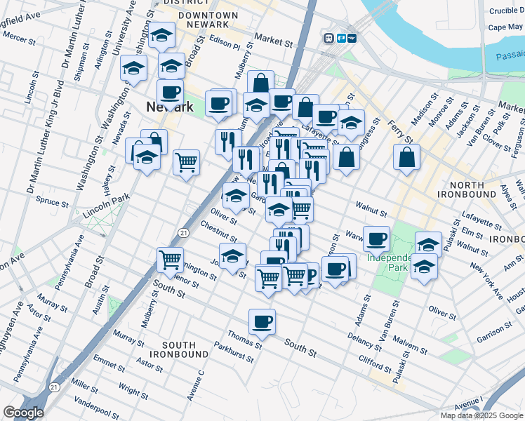 map of restaurants, bars, coffee shops, grocery stores, and more near 156 East Kinney Street in Newark