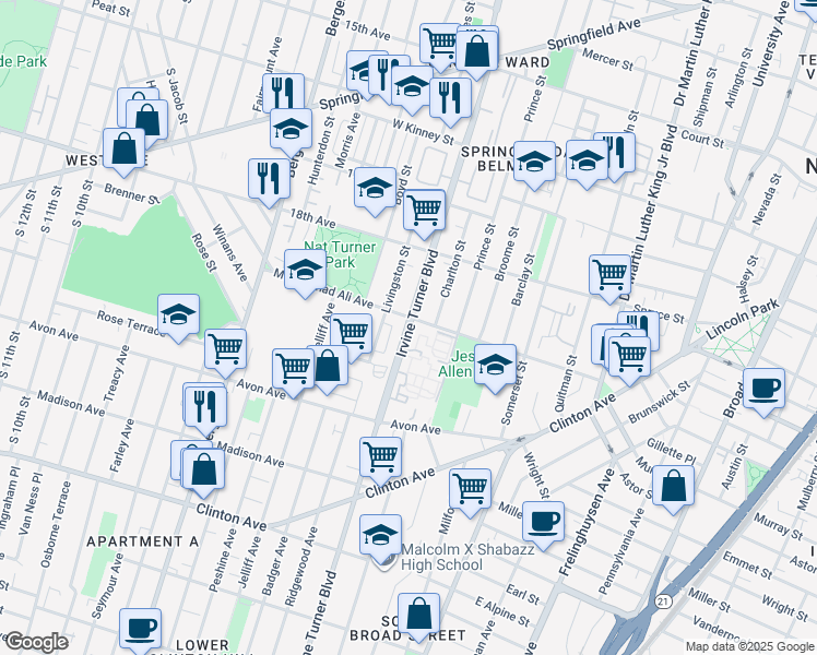 map of restaurants, bars, coffee shops, grocery stores, and more near 241 Irvine Turner Boulevard in Newark
