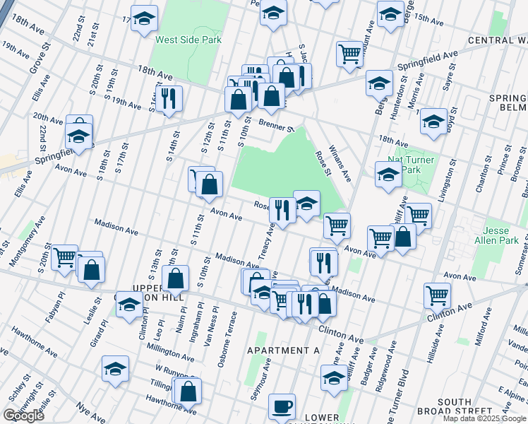 map of restaurants, bars, coffee shops, grocery stores, and more near 297 Avon Avenue in Newark