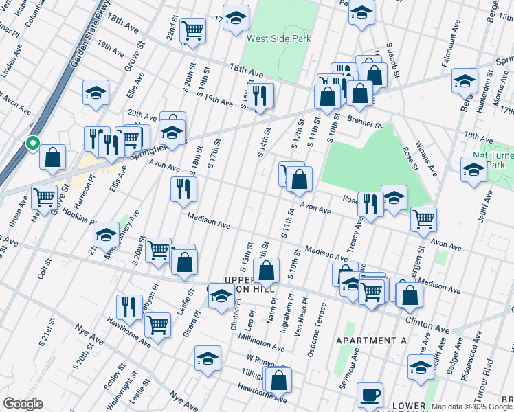 map of restaurants, bars, coffee shops, grocery stores, and more near 800 South 14th Street in Newark