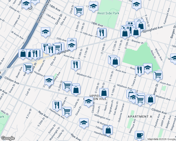 map of restaurants, bars, coffee shops, grocery stores, and more near 801 South 15th Street in Newark